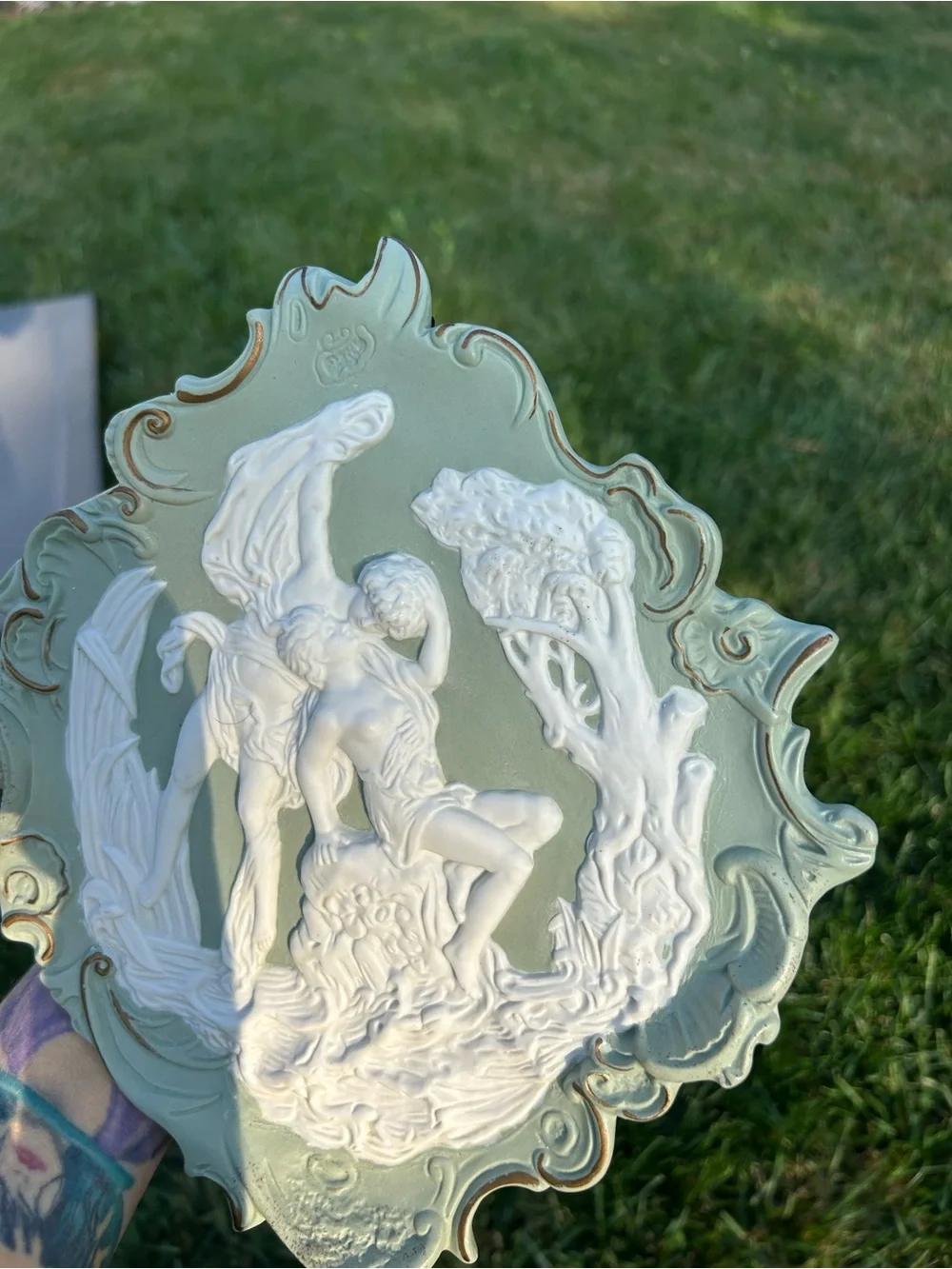 Volkstedt Jasperware Plaque: Kissing Lovers, Germany -Cherubs  Flowers vintage
